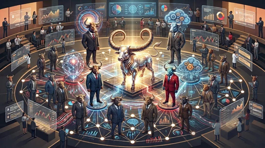Bulls in business suits stand in a circle around a glowing mechanical bull on a connected trading floor, light pulses running through the network between them, the HUMBLE BULLS community